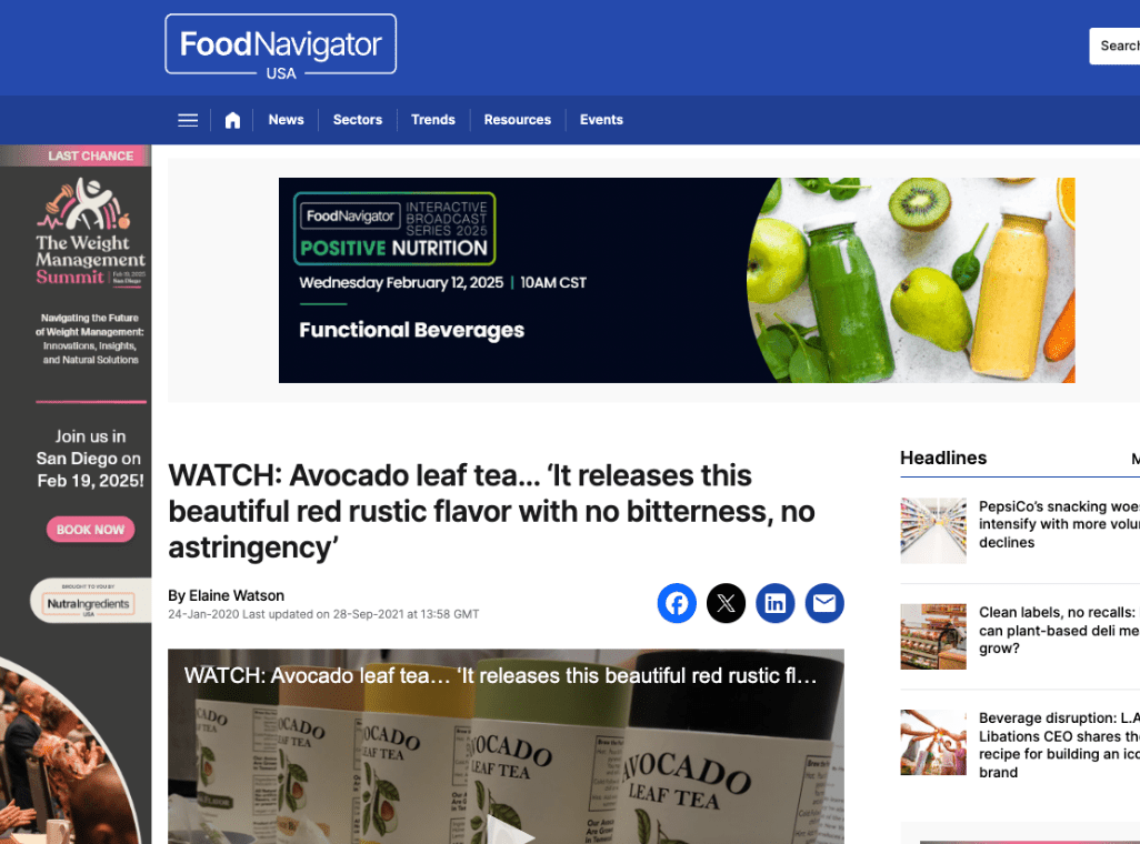 Avocado Tea Co. Featured in Food Navigator