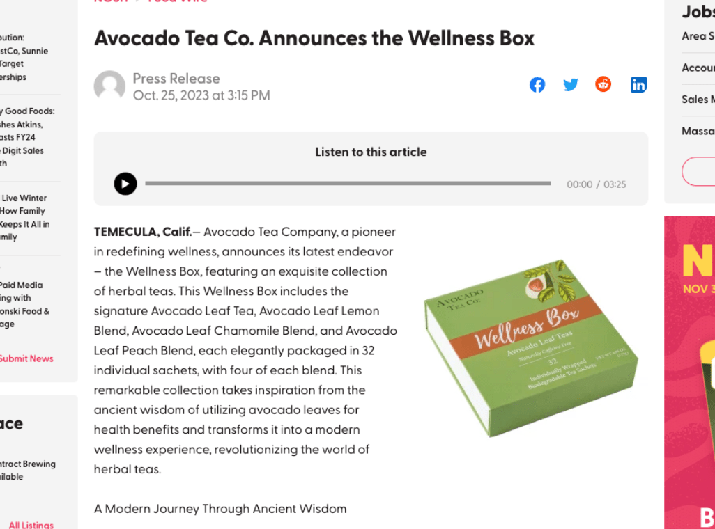 Avocado Tea Company’s Wellness Box Featured on NOSH Food Wire