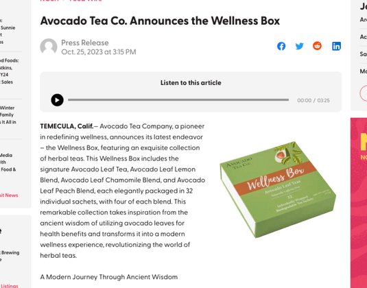 Avocado Tea Company’s Wellness Box Featured on NOSH Food Wire