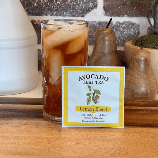 A single serve individually wrapped lemon tea, naturally caffeine free,  a glass of iced tea, no sugar, drink hot or cold