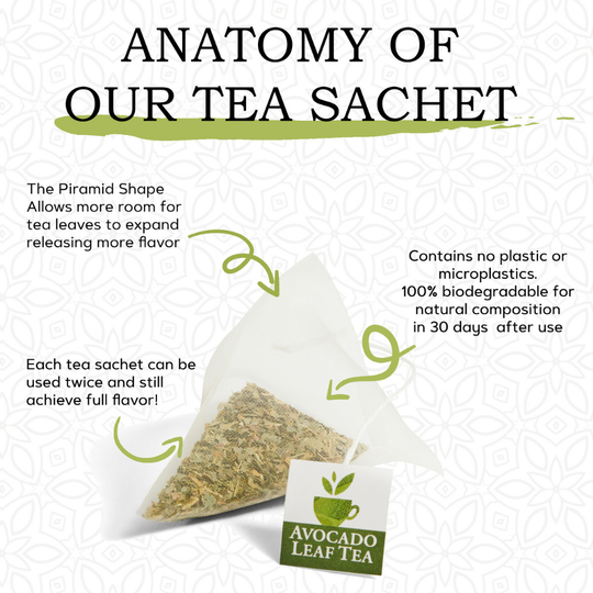 Anatomy of an avocado leaf tea sachet. Pyramid shape to afford more room and releases more flavor. Contains zero microplastics, each sachet can be used twice.