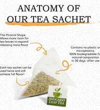 Anatomy of an avocado leaf tea sachet. Pyramid shape to afford more room and releases more flavor. Contains zero microplastics, each sachet can be used twice.