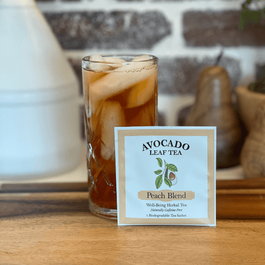 A single serve individually wrapped peach tea, naturally caffeine free,  a glass of iced tea, no sugar,  all natural