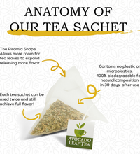 Anatomy of an avocado leaf tea sachet. Pyramid shape to afford more room and releases more flavor. Contains zero microplastics, each sachet can be used twice.