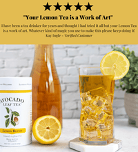 Avocado leaf lemon blend tea five star testimonial, Can of avocado leaf lemon blend tea, pitcher of tea, iced tea with lemon