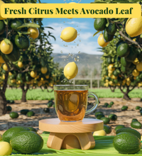 cup of tea with lemons and avocados falling into it