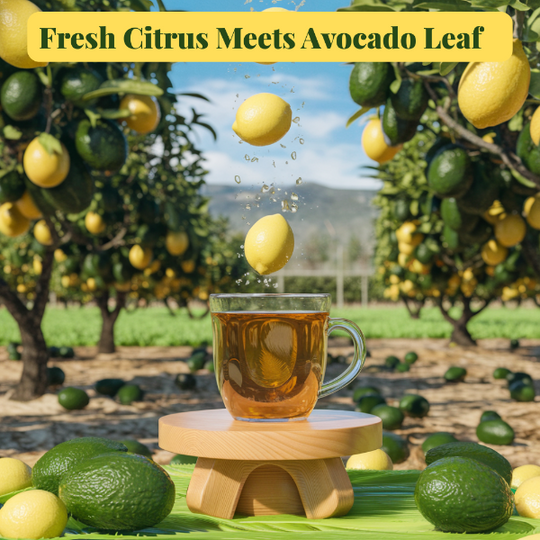 cup of tea with lemons and avocados falling into it