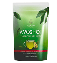 Avo Shot, made from ground avocado leaves, non gmo, all natural, upcycled leaves, no preservatives, kosher, caffeine free