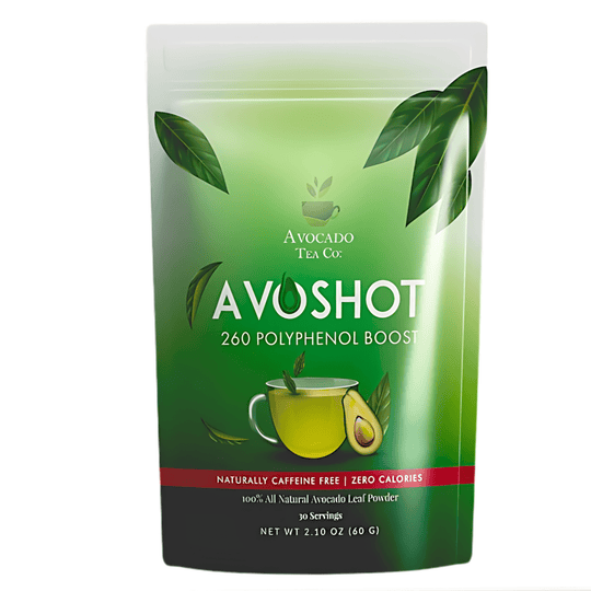 Avo Shot, made from ground avocado leaves, non gmo, all natural, upcycled leaves, no preservatives, kosher, caffeine free