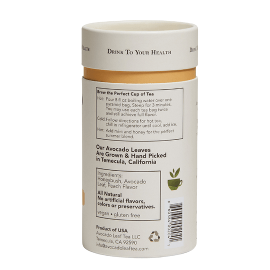 Buy 2 Pack Avocado Leaf Tea Peach Blend online, ingredients, honeybush, organic peach flavoring, avocado leaf, lemongrass