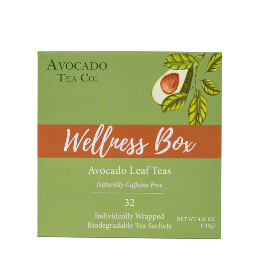 Wellness box with 32 tea sachets, gift box, Herbal tea set, Lemon tea, Peach tea, Chamomile tea, Natural Avocado Leaf Tea