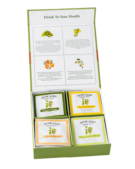 Wellness box with 32 tea sachets, gift box, Herbal tea set, Lemon tea, Peach tea, Chamomile tea, Natural Avocado Leaf Tea