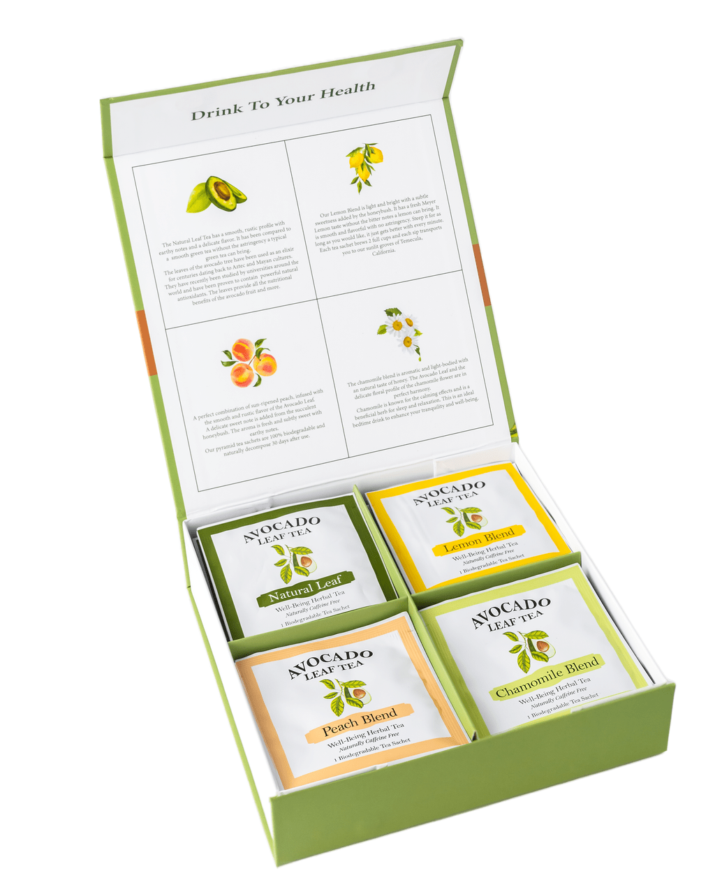 Wellness box with 32 individual sachets, Herbal tea gift set, Lemon tea, Peach tea, Chamomile tea, Natural Avocado Leaf Tea