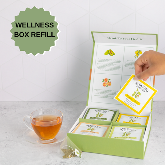 Avocado leaf tea wellness boxand cup of tea