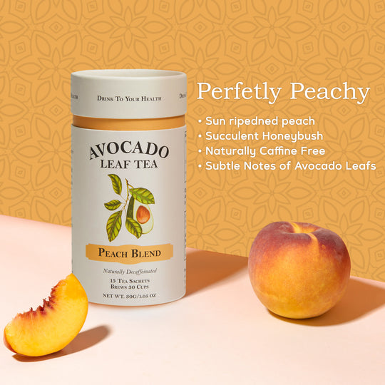 Peach tea canister, fresh peach sliced, caffeine free tea with fresh and light peach taste